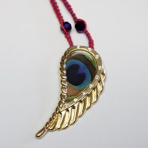 Handmade peacock gold color pendant blue beads